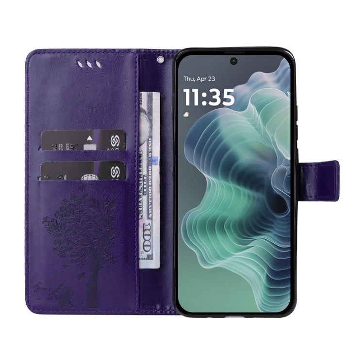For Motorola Moto G35 Tree & Cat Embossed Pattern Flip Leather Phone Case