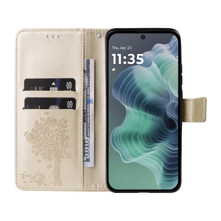 For Motorola Moto G35 Tree & Cat Embossed Pattern Flip Leather Phone Case