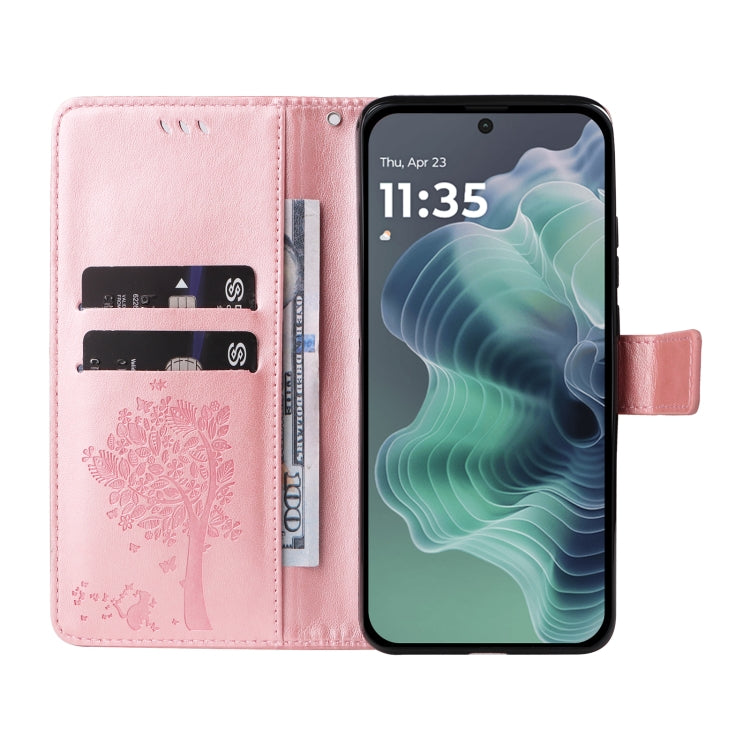 For Motorola Moto G35 Tree & Cat Embossed Pattern Flip Leather Phone Case
