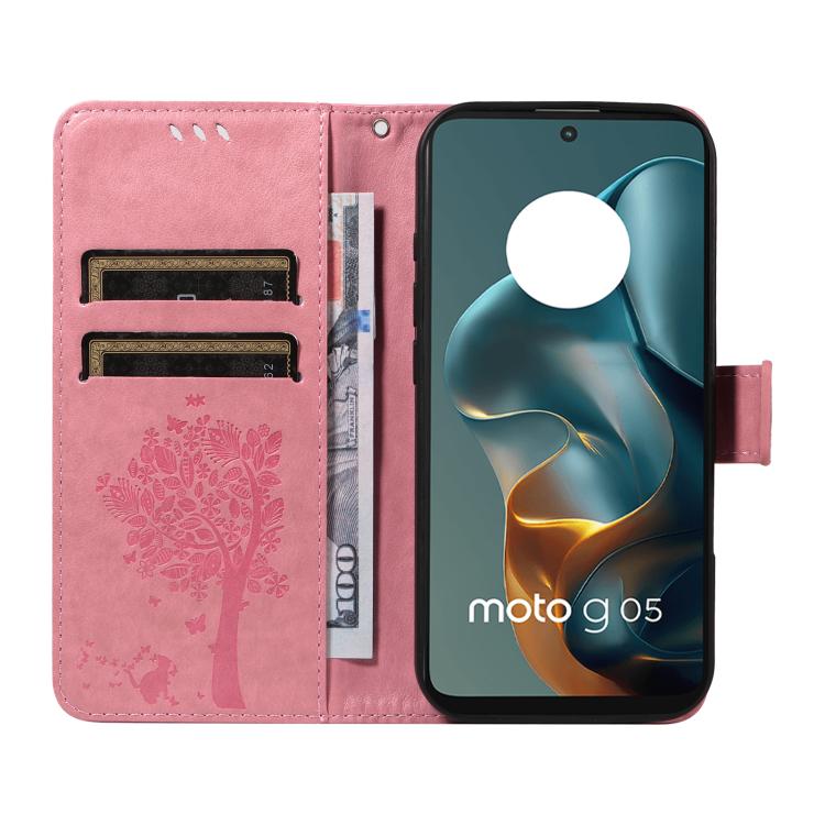 For Motorola Moto G05 Tree & Cat Embossed Pattern Flip Leather Phone Case