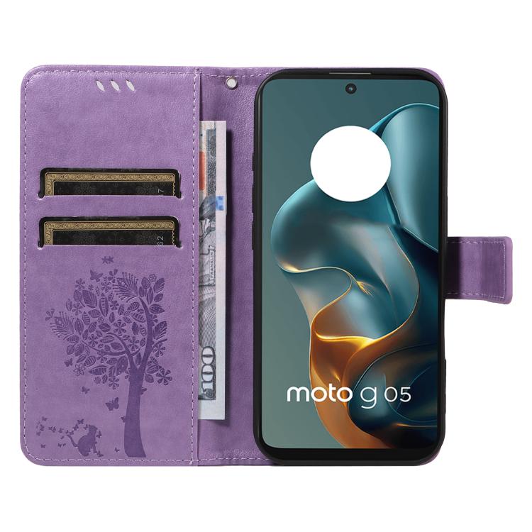 For Motorola Moto G05 Tree & Cat Embossed Pattern Flip Leather Phone Case