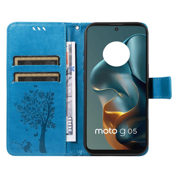 For Motorola Moto G05 Tree & Cat Embossed Pattern Flip Leather Phone Case