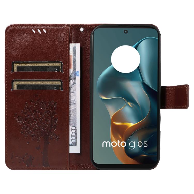 For Motorola Moto G05 Tree & Cat Embossed Pattern Flip Leather Phone Case