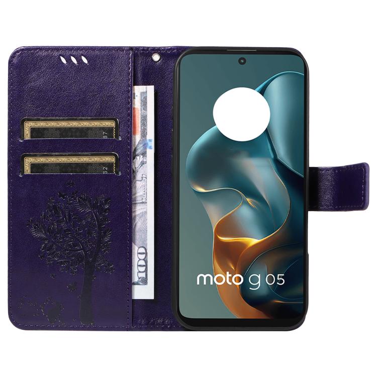 For Motorola Moto G05 Tree & Cat Embossed Pattern Flip Leather Phone Case