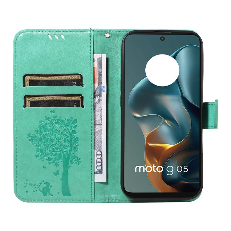 For Motorola Moto G15 Tree & Cat Embossed Pattern Flip Leather Phone Case
