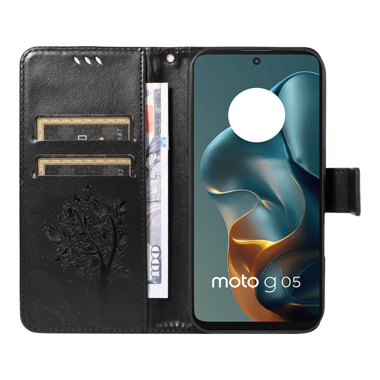For Motorola Moto G15 Tree & Cat Embossed Pattern Flip Leather Phone Case