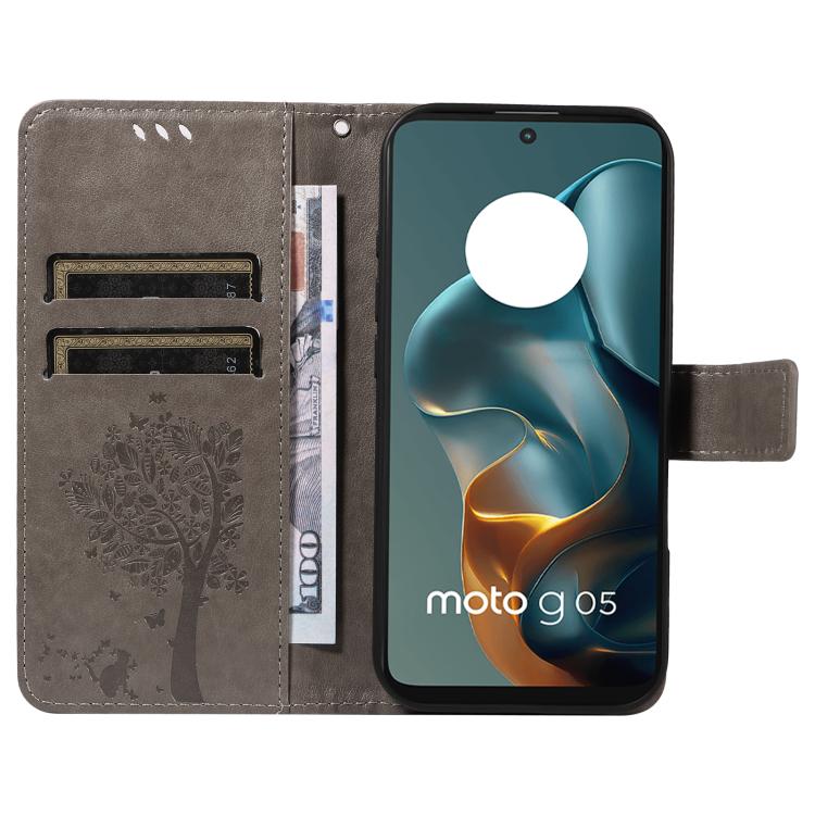 For Motorola Moto G15 Tree & Cat Embossed Pattern Flip Leather Phone Case