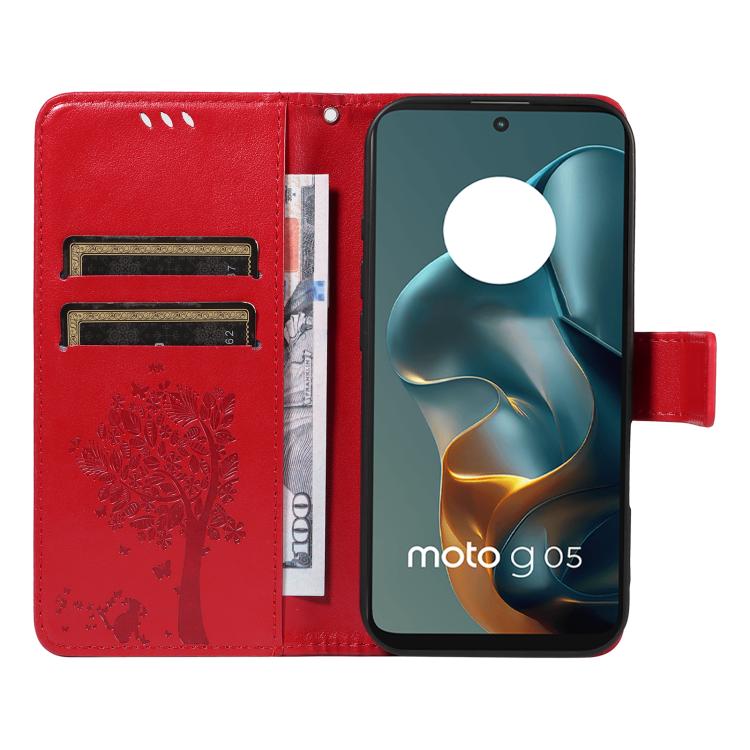 For Motorola Moto G15 Tree & Cat Embossed Pattern Flip Leather Phone Case