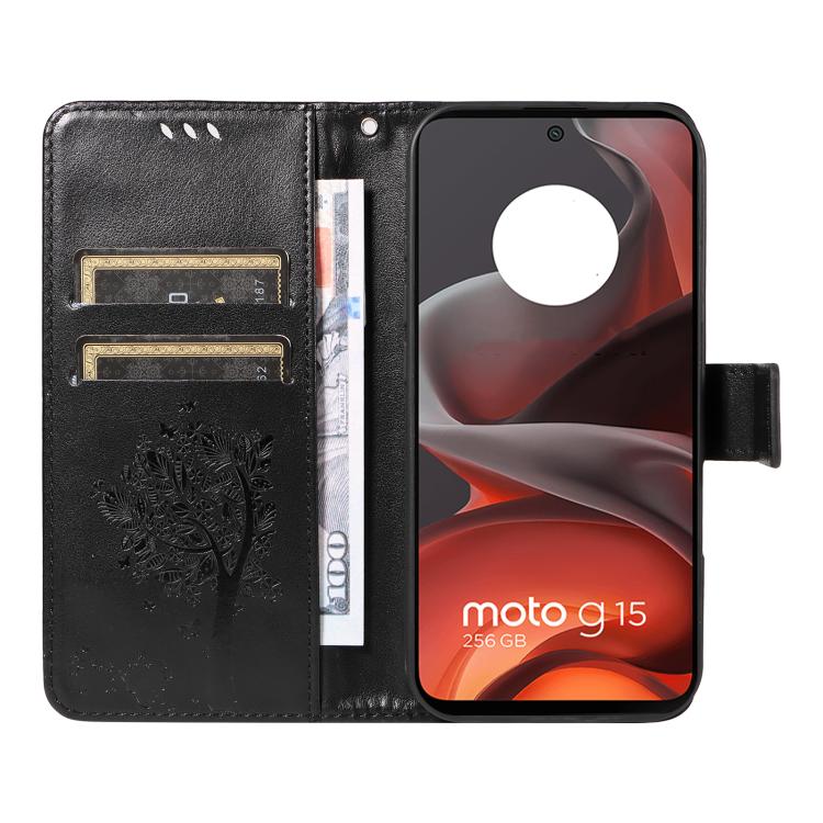 For Motorola Moto G15 Tree & Cat Embossed Pattern Flip Leather Phone Case