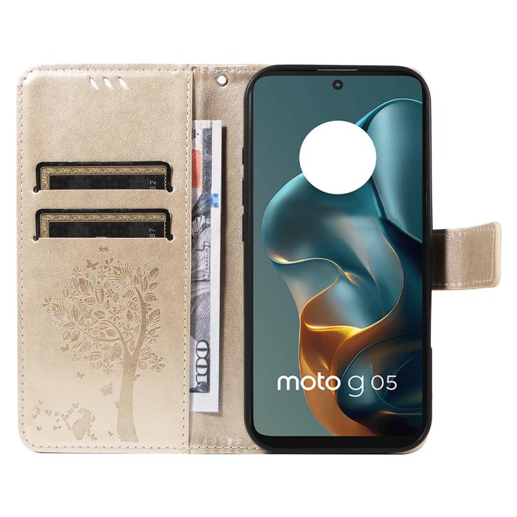 For Motorola Moto G15 Tree & Cat Embossed Pattern Flip Leather Phone Case
