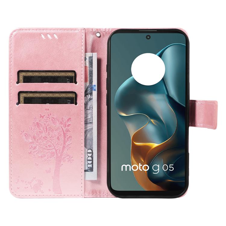For Motorola Moto G15 Tree & Cat Embossed Pattern Flip Leather Phone Case