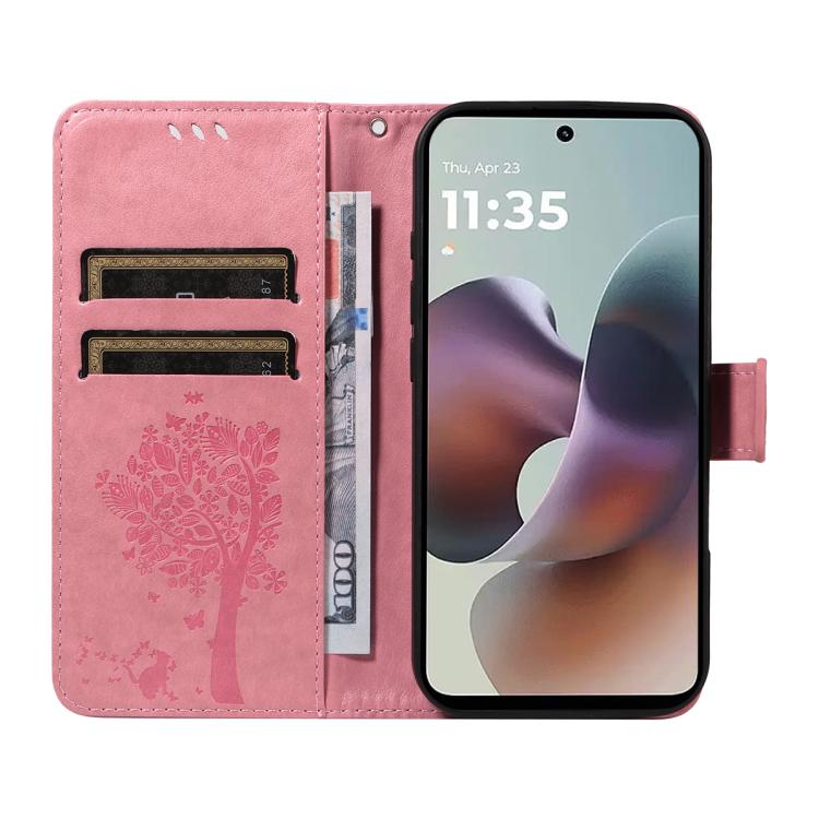 For Motorola Moto G56 5G Tree & Cat Embossed Pattern Flip Leather Phone Case