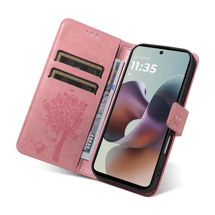 For Motorola Moto G56 5G Tree & Cat Embossed Pattern Flip Leather Phone Case