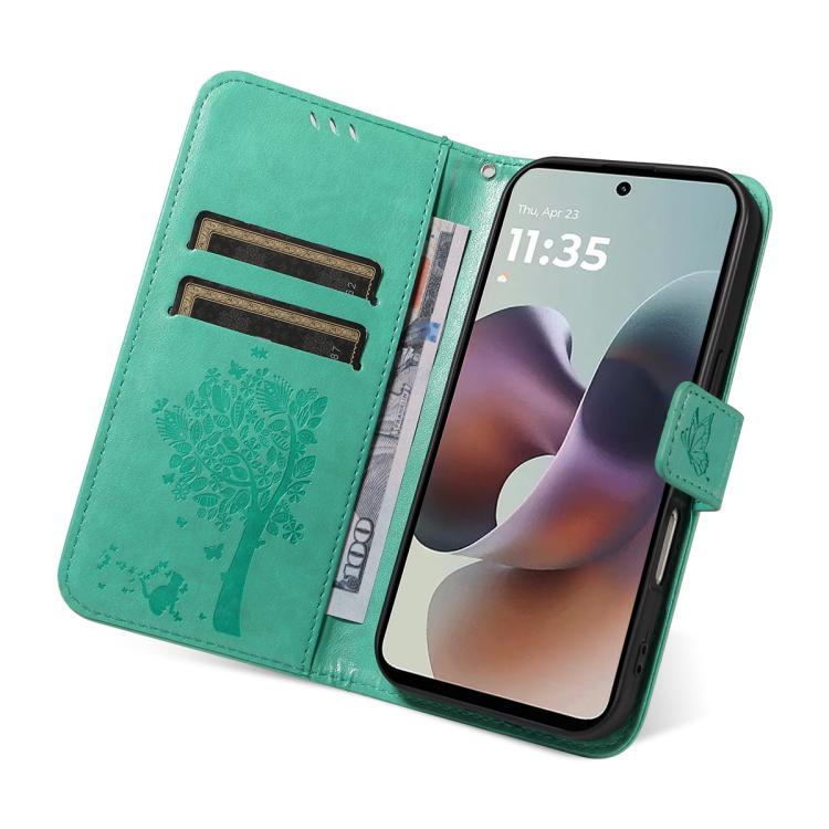 For Motorola Moto G56 5G Tree & Cat Embossed Pattern Flip Leather Phone Case