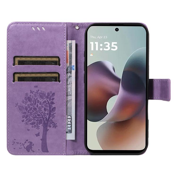 For Motorola Moto G56 5G Tree & Cat Embossed Pattern Flip Leather Phone Case
