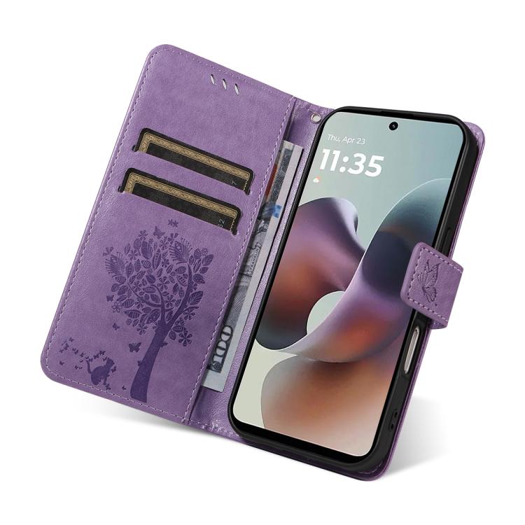 For Motorola Moto G56 5G Tree & Cat Embossed Pattern Flip Leather Phone Case