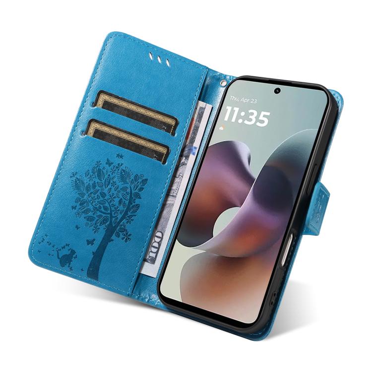 For Motorola Moto G56 5G Tree & Cat Embossed Pattern Flip Leather Phone Case