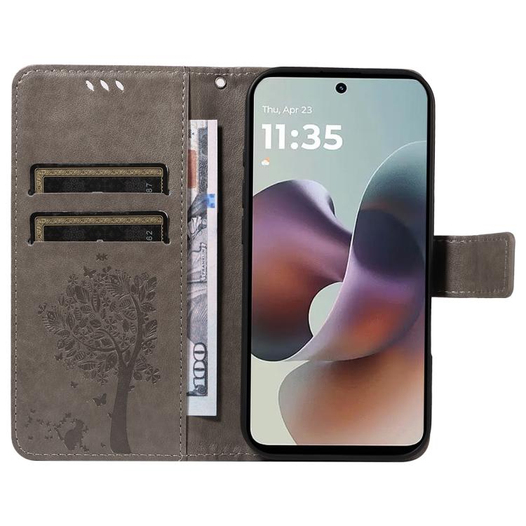 For Motorola Moto G56 5G Tree & Cat Embossed Pattern Flip Leather Phone Case