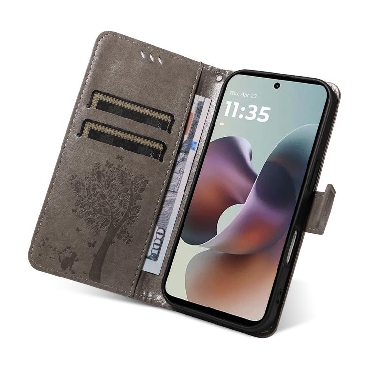 For Motorola Moto G56 5G Tree & Cat Embossed Pattern Flip Leather Phone Case