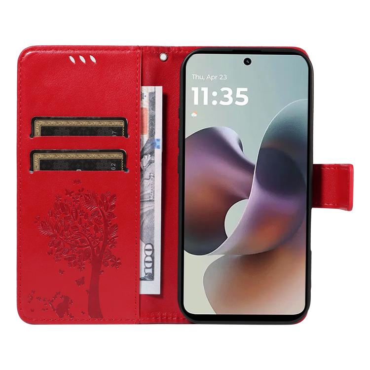 For Motorola Moto G56 5G Tree & Cat Embossed Pattern Flip Leather Phone Case