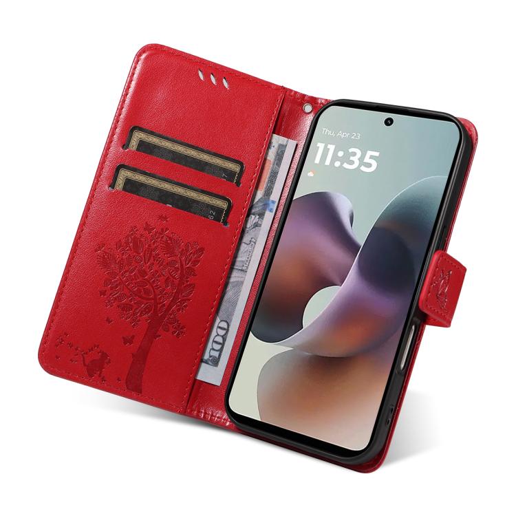 For Motorola Moto G56 5G Tree & Cat Embossed Pattern Flip Leather Phone Case