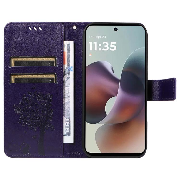 For Motorola Moto G56 5G Tree & Cat Embossed Pattern Flip Leather Phone Case