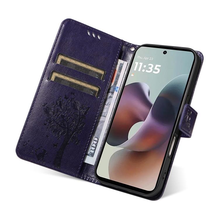 For Motorola Moto G56 5G Tree & Cat Embossed Pattern Flip Leather Phone Case