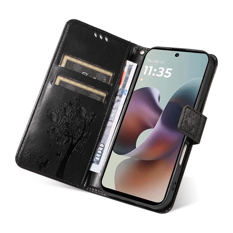 For Motorola Moto G56 5G Tree & Cat Embossed Pattern Flip Leather Phone Case