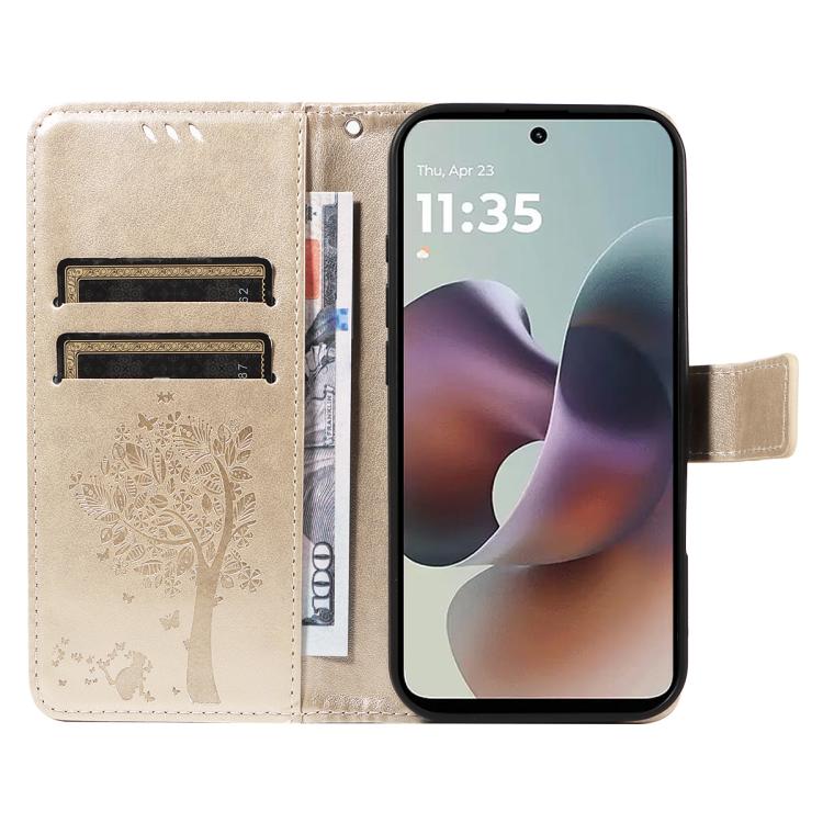 For Motorola Moto G56 5G Tree & Cat Embossed Pattern Flip Leather Phone Case