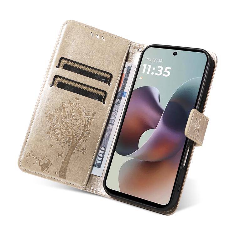 For Motorola Moto G56 5G Tree & Cat Embossed Pattern Flip Leather Phone Case
