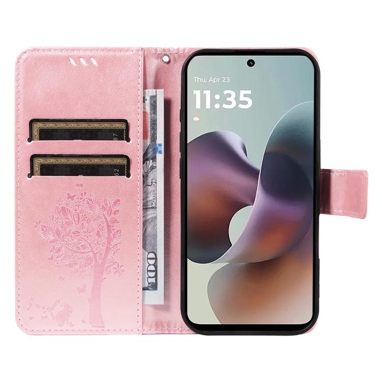 For Motorola Moto G56 5G Tree & Cat Embossed Pattern Flip Leather Phone Case