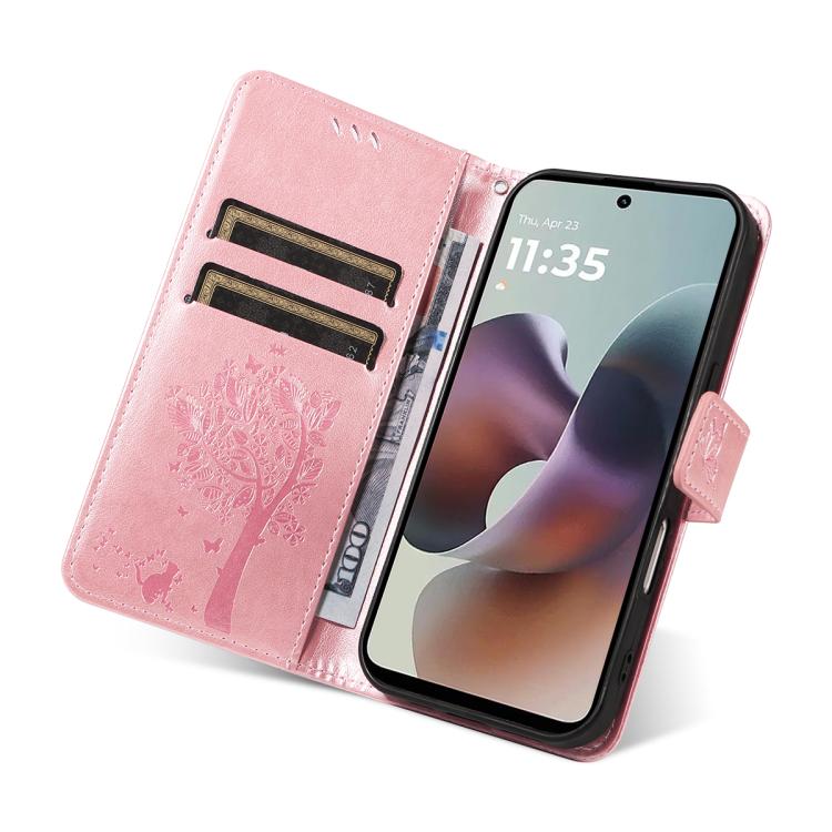 For Motorola Moto G56 5G Tree & Cat Embossed Pattern Flip Leather Phone Case