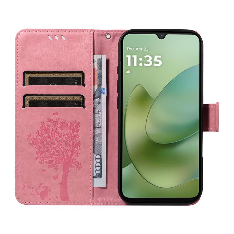 For Motorola Moto G06 4G Tree & Cat Embossed Pattern Flip Leather Phone Case