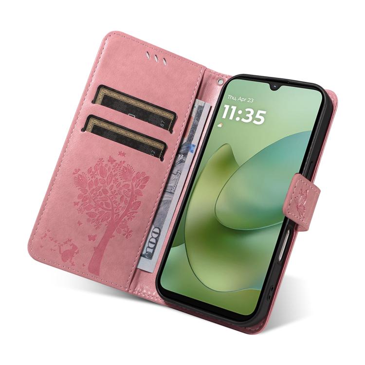 For Motorola Moto G06 4G Tree & Cat Embossed Pattern Flip Leather Phone Case