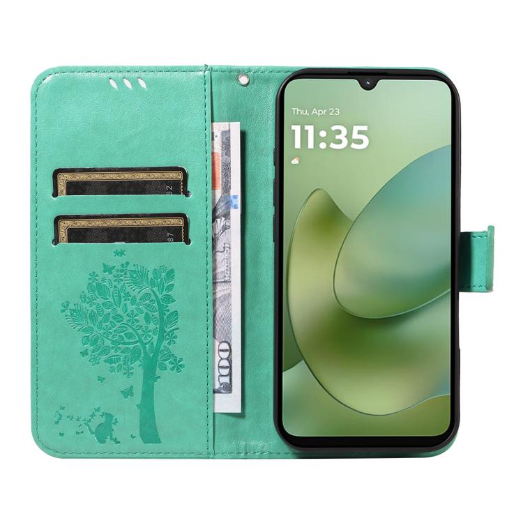 For Motorola Moto G06 4G Tree & Cat Embossed Pattern Flip Leather Phone Case