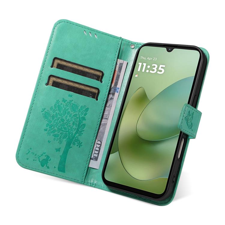 For Motorola Moto G06 4G Tree & Cat Embossed Pattern Flip Leather Phone Case