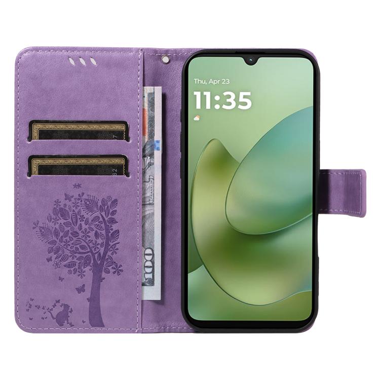 For Motorola Moto G06 4G Tree & Cat Embossed Pattern Flip Leather Phone Case