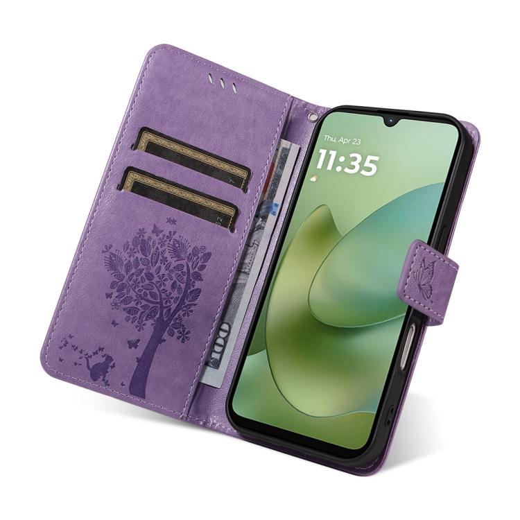 For Motorola Moto G06 4G Tree & Cat Embossed Pattern Flip Leather Phone Case