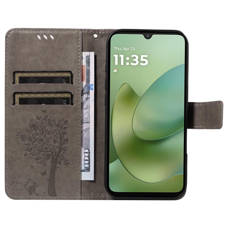 For Motorola Moto G06 4G Tree & Cat Embossed Pattern Flip Leather Phone Case