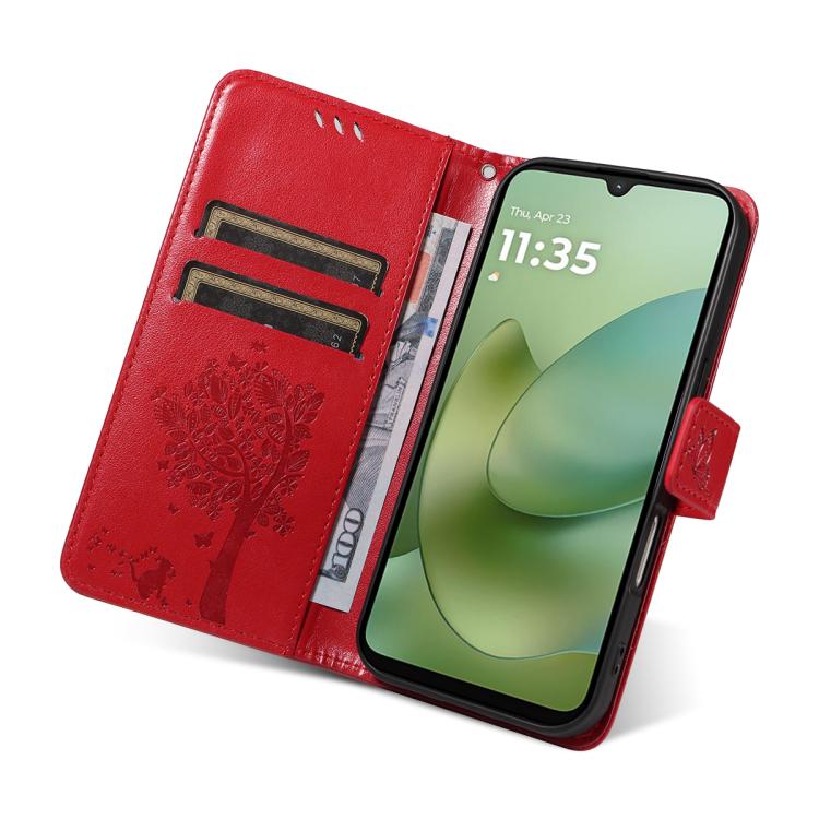 For Motorola Moto G06 4G Tree & Cat Embossed Pattern Flip Leather Phone Case