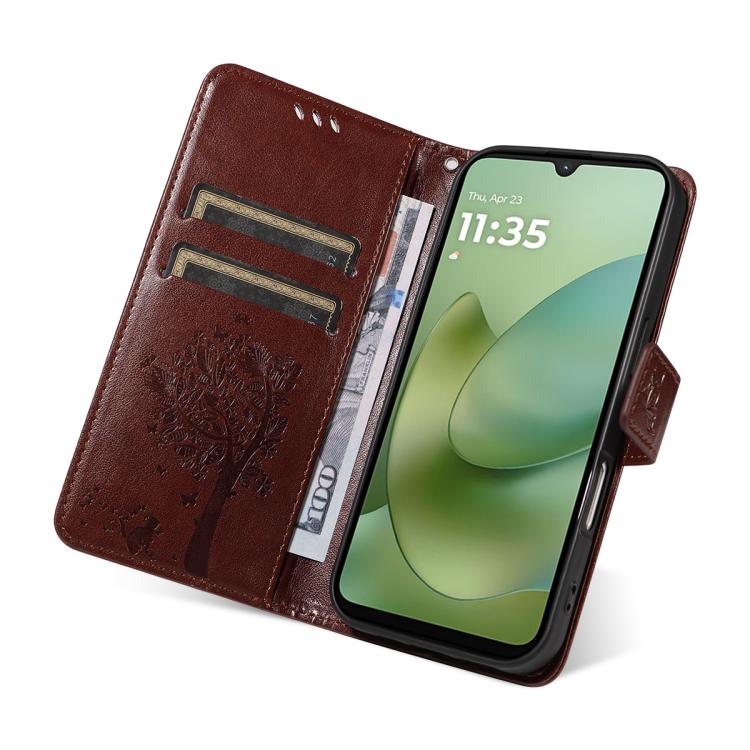 For Motorola Moto G06 4G Tree & Cat Embossed Pattern Flip Leather Phone Case