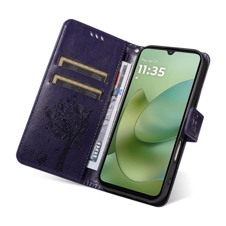 For Motorola Moto G06 4G Tree & Cat Embossed Pattern Flip Leather Phone Case