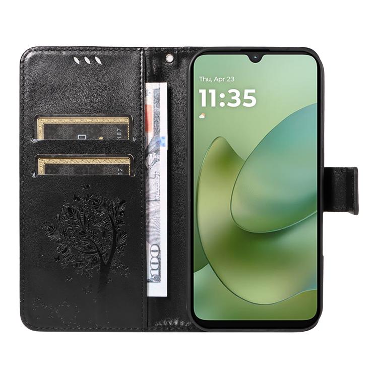 For Motorola Moto G06 4G Tree & Cat Embossed Pattern Flip Leather Phone Case