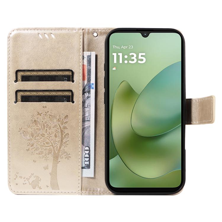 For Motorola Moto G06 4G Tree & Cat Embossed Pattern Flip Leather Phone Case