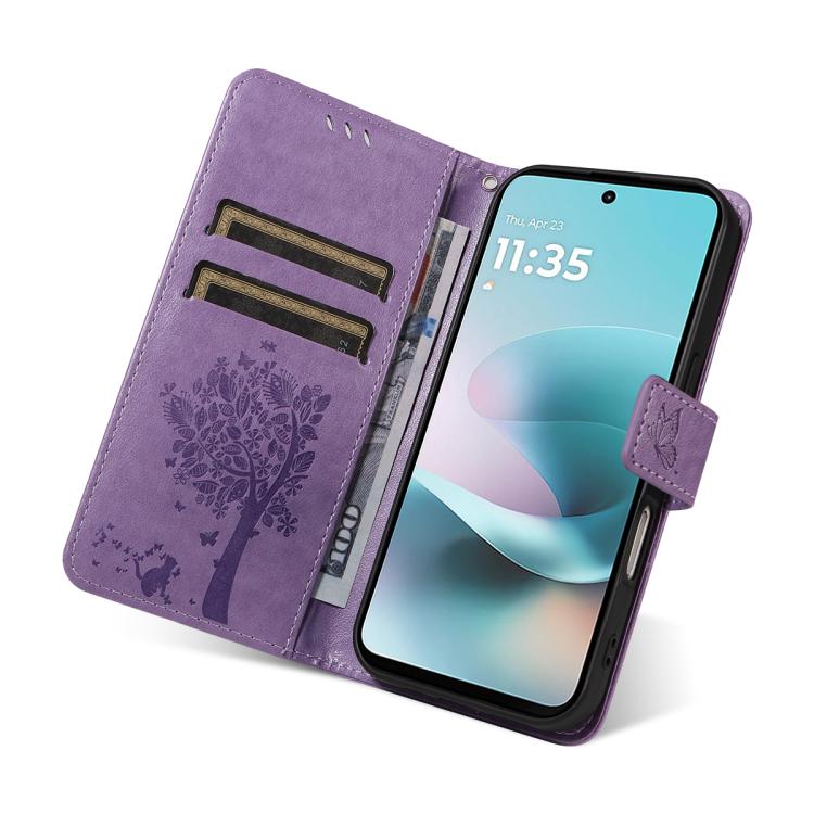 For Motorola Edge 70 5G Tree & Cat Embossed Pattern Flip Leather Phone Case