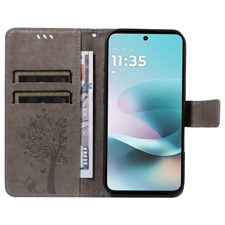For Motorola Edge 70 5G Tree & Cat Embossed Pattern Flip Leather Phone Case