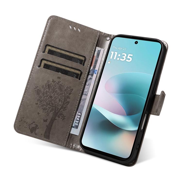 For Motorola Edge 70 5G Tree & Cat Embossed Pattern Flip Leather Phone Case