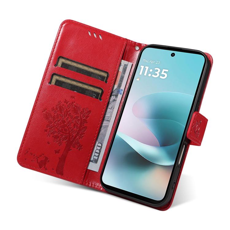 For Motorola Edge 70 5G Tree & Cat Embossed Pattern Flip Leather Phone Case