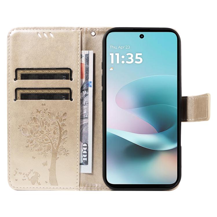 For Motorola Edge 70 5G Tree & Cat Embossed Pattern Flip Leather Phone Case