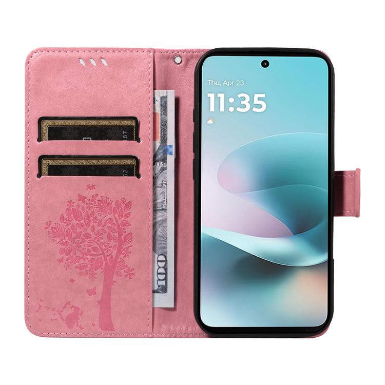 For Motorola Moto G67 Power 5G Tree & Cat Embossed Pattern Flip Leather Phone Case